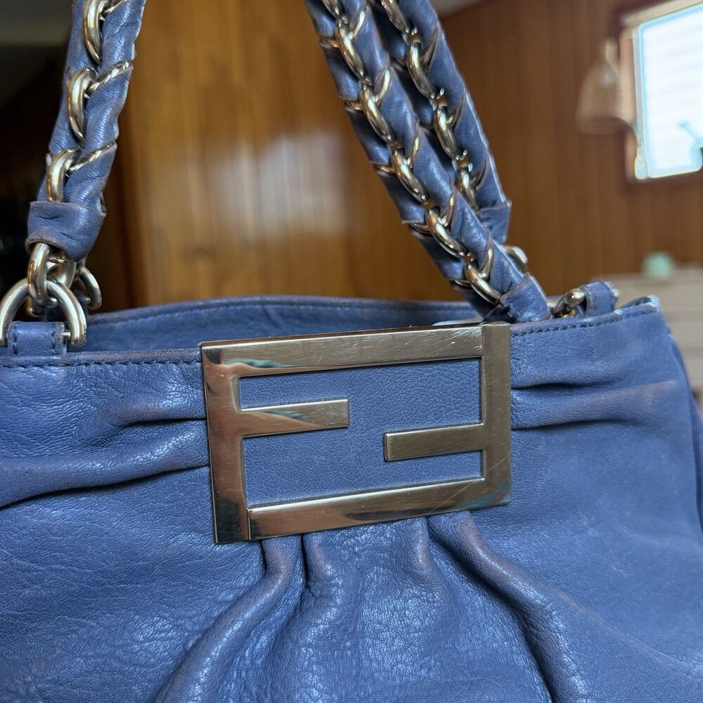 FENDI Crinkled Lambskin Mia Tote Blue Gray Leather Shoulder Handbag Authentic - Picture 8 of 16